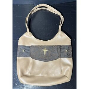 Cross Religious  Christian Embroidered Adult Handbag‎ Brown/Tan Handmade